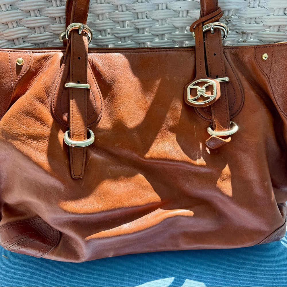 DKNY Tan Leather Tote with Gold Accents